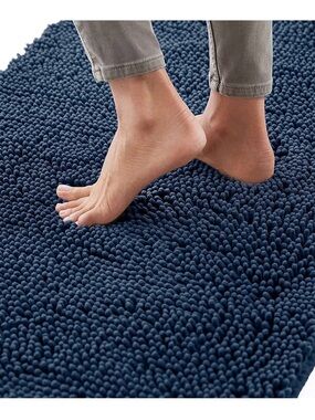 Plush Navy Blue Chenille Bath Rug - Soft Non-Slip Bath Mat